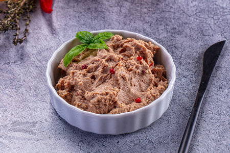 Duck liver spread pate for snack served basil leaf