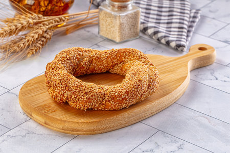 Traditional Turkish Simit circkle with sesame seeds for breakfast