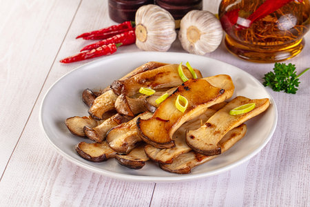 Vegan cuisine - Roasted eringi mushrooms in the plateの写真素材