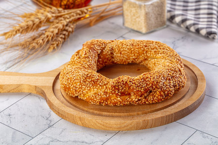 Traditional Turkish Simit circkle with sesame seeds for breakfast