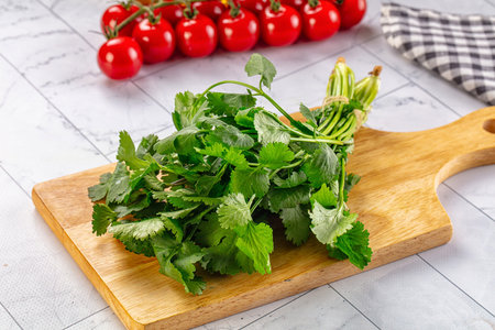 Heap of green fresh coriander stems for cooking
