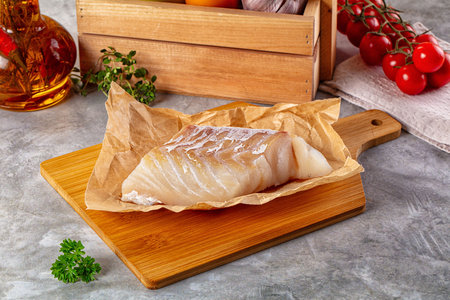 Raw cod fish fillet for cooking over board
