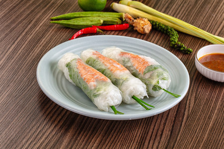 Vietnamese spring roll with prawn and vegetables in the rice paper