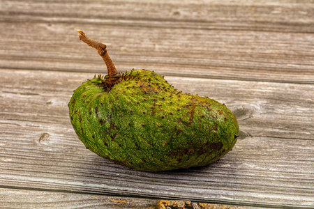 A single green soursop (guanabana) on a textured background. High-angle studio shot with clean...
