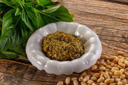 Italian Pesto sauce with basil and cedar nutsの写真素材