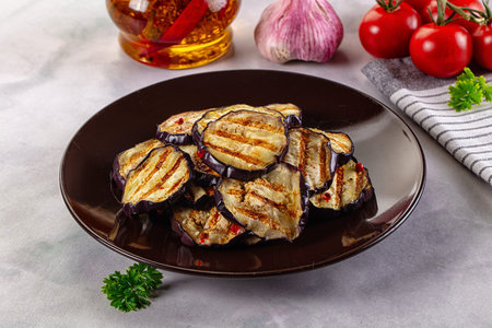 Tasty grilled eggplant round slices snackの写真素材