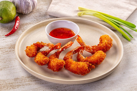 Crispy golden panko breaded shrimp served with sweet chili dipping sauce. This appetizer is styled...