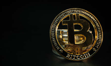 Crypto currency, bitcoin. BTC, Bit Coin. Blockchain technology, bitcoin mining. Macro shot of...