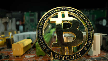 Bitcoin. Crypto currency Gold Bitcoin, BTC, Bit Coin. Macro shot of Bitcoin coins isolated....