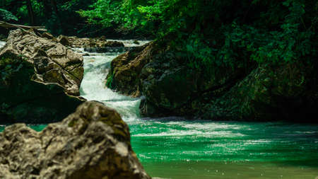 Mountain green valley river creek landscape. River creek in mountain valley. Mountain valley creek. Mountain valley landscapeの写真素材