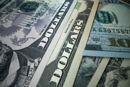 Macro shot od dollars. Shallow depth of field effect. Great Seal of the United States Logo.の写真素材