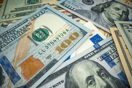 Macro shot od dollars. Shallow depth of field effect. Great Seal of the United States Logo.の写真素材