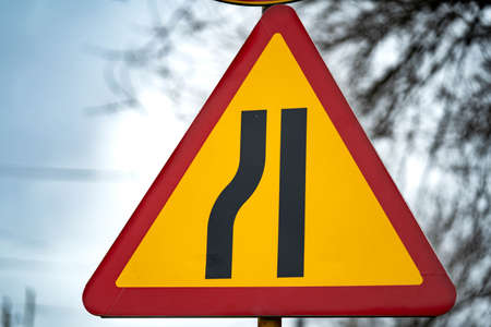 A road sign road constriction , Russian Federationの写真素材