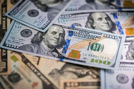 Benjamin Franklin. Macro shot. Qualitative portrait from 100 dollars banknote. Close up shotの写真素材