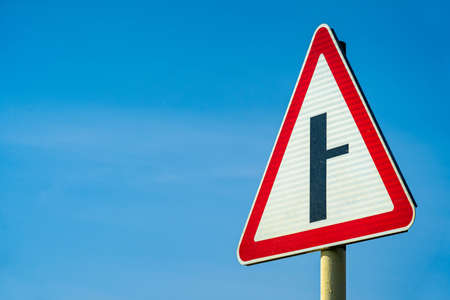 road sign crossroad. intersection. turn right close up shot