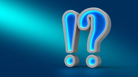 Glowing neon big exclamation question on the table, on blue background, 3d illustration. Set for design presentations.の写真素材
