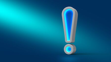 Glowing neon big exclamation mark on the table, on blue background, 3d illustration. Set for design presentations.の写真素材