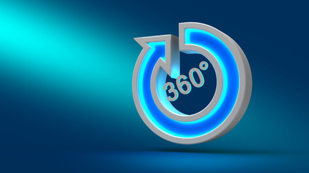 Glowing neon big 360 degree arrow on the table, on blue background, 3d illustration. Set for design presentations.の写真素材