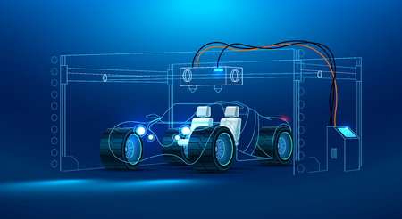 3d prototyping and 3d printing of a car, automobiles at a large industrial 3d printer. Abstract the concept car. Concept vector illustrationのイラスト素材