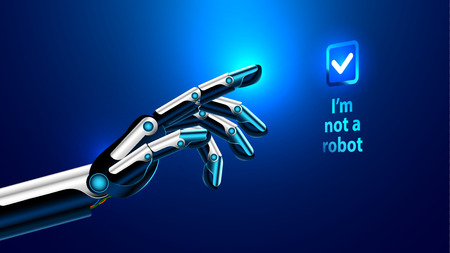 The robot hand or arm presses the button on the touchscreen. protection from bots. Vector illustration. spam protection hacking. hacking bot protection. chrome fingers points.のイラスト素材