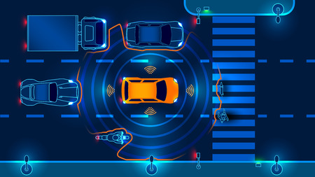 Autonomous smart car scans the road operates the machine automatically stops at the crosswalk in the city. Vector illustration.のイラスト素材
