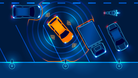 Smart car is automatically parked in the Parking lot, the view from the top. Parking Assist system security scans the road. Vector illustration.