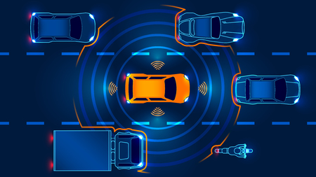 Autonomous smart car goes on the road in traffic. Scans the road, observe the distance. Future concept.のイラスト素材