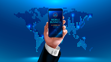 Businessman in a business suit holding a cell phone in hand on world map background. Sends orders to its employees. global mobile office. Smart office. Vector illustration.のイラスト素材