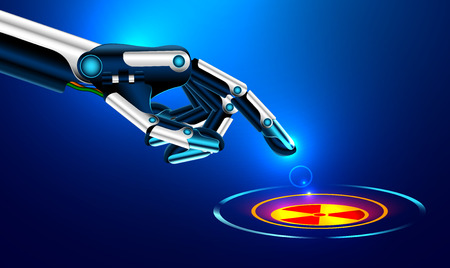 the robot arm presses the index finger on the button with the icon of the nuclear danger. futuristic concept. Set robot arms gesture.のイラスト素材