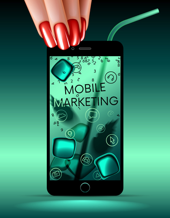 Mobile Marketing icons on screen Smart Phone. Mobile Marketing word. Application icons. phone in woman hand. Digital content. Concept metaphor. VECTORのイラスト素材