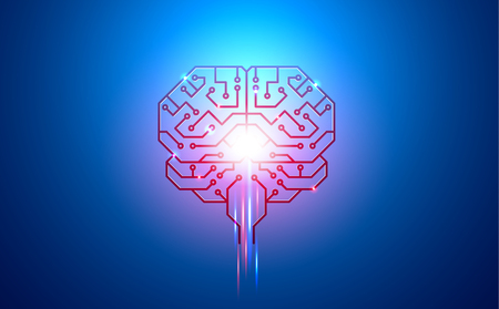 artificial intelligence, brain, printed circuit Board, PCB, conductors, pads, and neural signals on a blue backgroundのイラスト素材