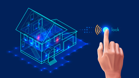 Security system of smart home. 3d house plan x-ray. Control locks the doors and windows over the internet with smartphone application. Home protection wireless system. VECTORのイラスト素材