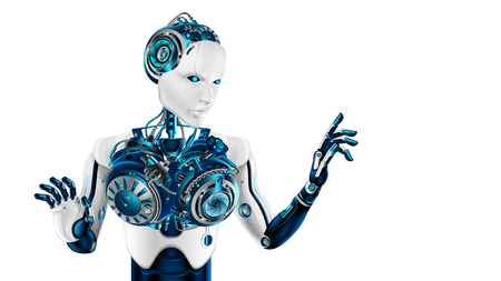 humanoid robot woman points the forefinger. beautiful cybernetic womans body. Artificial intelligence makes a decision or makes a choice. Future conceptのイラスト素材