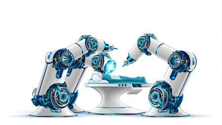 Robotic surgery. Robot surgeon makes a surgery patient on the operating table. Robotic arms holding the surgical instruments. Modern medical technologies. Innovation in medicine. Future concept.のイラスト素材