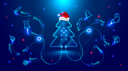 Christmas card in the style of new technologies, engineering, electronics. Christmas tree in red Santa Claus hat and surrounded by Christmas and new year symbols. Christmas sales and marketingのイラスト素材