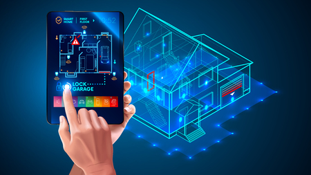 IOT. Smart home system application interface. 3d house plan x-ray. Hand touching on tablet screen. Control locks doors and windows over internet of things with tablet application. Security Home Systemのイラスト素材