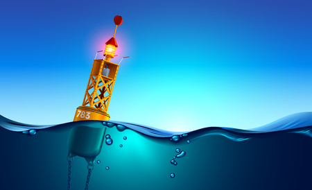 Sea orange Buoy floating in ocean at dawn. Sea buoy has navigation meteorology equipment, beacon swinging on waves. Split view over and under water surface. Buoy chained to sea bottom underwaterのイラスト素材