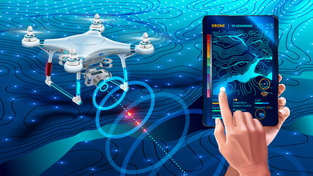 Drone or quadcopter with camera 3d scanning land. Drone fly over landscape and make geological...