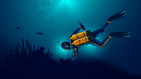 Scuba diver exploring the seabed. Underwater archaeologist found an ancient jug underwater.のイラスト素材