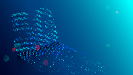 5G technology background. Digital data as digits connected each other and form symbol 5G on blue background. New generation mobile networks and internet.のイラスト素材