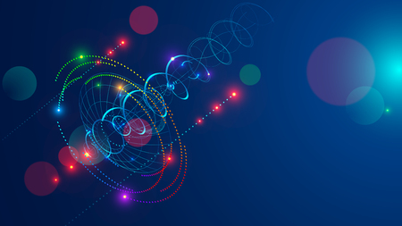 Abstract radio signal transmitted satellite dish . Directional signal radiates in sky shape a spiral and dots. Abstraction tech background. Satellite Communication concept.のイラスト素材