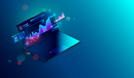 Financial analytic and business infographic elements on screen laptop. Finance graphs, analysis data and charts investment and trade. 3d isometric Vector. Business Concept.のイラスト素材