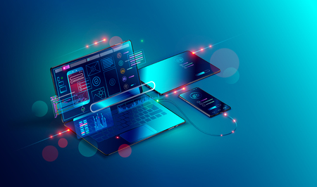 Mobile app development and design. Sketch layout of mobile application debug on smartphone and tablet. Testing usability interface website or software for different devices. Vector isometric concept.のイラスト素材