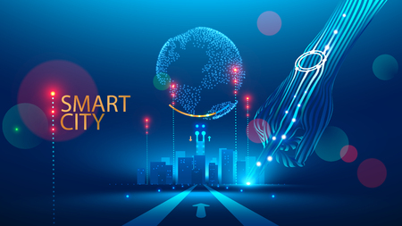 Smart City communication with global network and urban infrastructure. Wireless connection technology in lifestyle social medium. Communication Network transmit Information through internet of Things.のイラスト素材