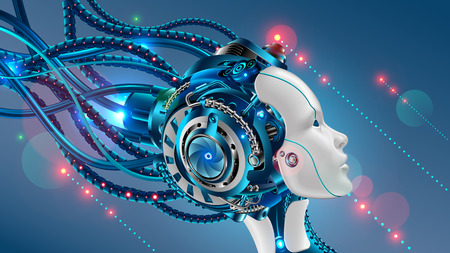 Cybernetic head of robot woman close-up with artificial intelligence connected from cable. Face profile of female cyborg looks at up. sci-fi futuristic vector illustration concept.のイラスト素材