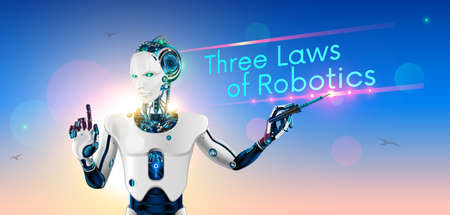 Robot-lecturer or cyborg teacher with a pointer at the school Board. Humanoid android with artificial intelligence teaches other robots three laws of robotics. Machine learning. future conceptのイラスト素材