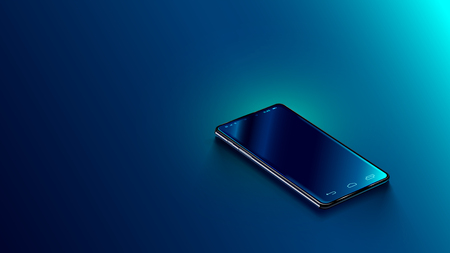 Modern black smart phone lies on a smooth dark blue surface or table in perspective view. Realistic vector illustration isometric smartphone. New shiny mobile cellphone with reflection on the screenのイラスト素材