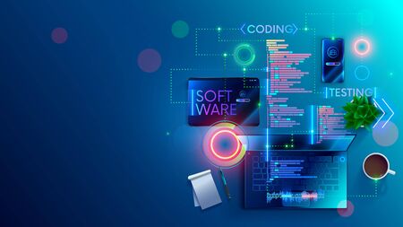 Software development coding process concept. Programming, testing cross platform code, app on laptop, tablet, phone. Create, editing script desktop and mobile devices. Technology software of business.のイラスト素材