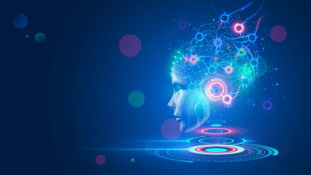 Artificial intelligence. AI head with neural network brain hanging over virtual digital podium. Wise female face in cyberspace. Machine learning. Mind of cyborg or robot in vr reality. Future conceptのイラスト素材