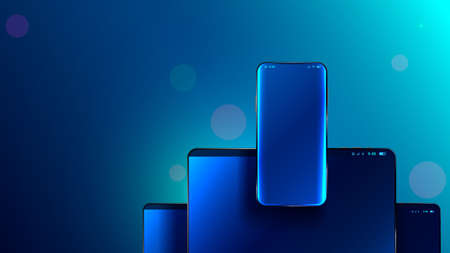 Phone front view no frame hanging over screen tablet and laptop. Mock up cellphone for ui ux design...
